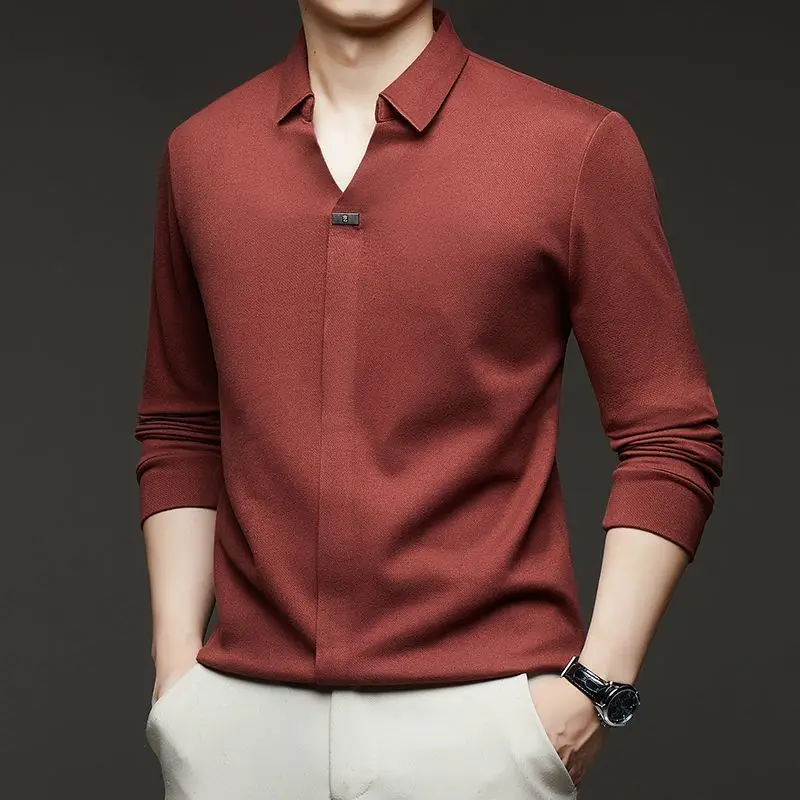 Men's Long Sleeve Polo Shirt Solid Color Round Neck Business Casual Fall Pullover Top