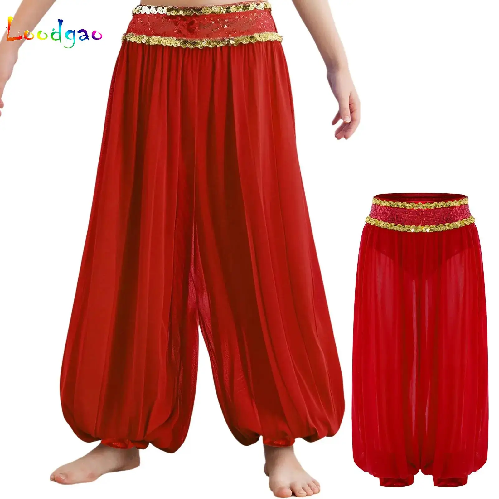 

Kids Girls Shiny Sequin Waistband Dance Pants Sheer Mesh Bloomers Belly Dance Performance Costume Halloween Theme Party Trousers
