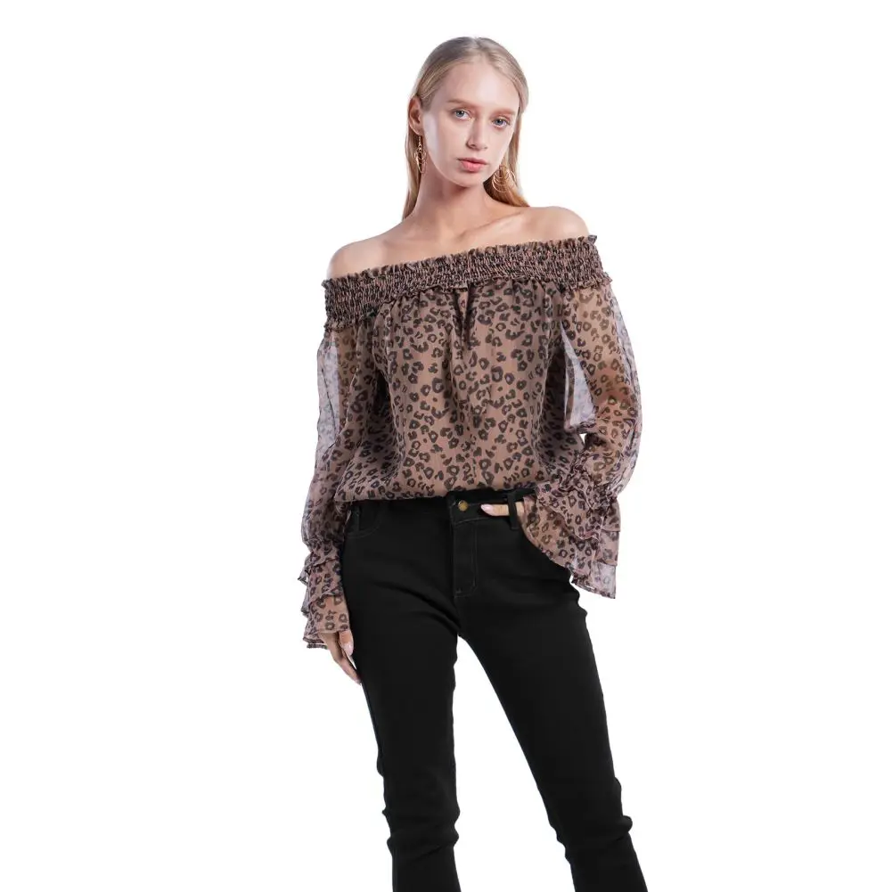 

Women's Leopard Print Off Shoulder Long Sleeve High Low Blouses Tops