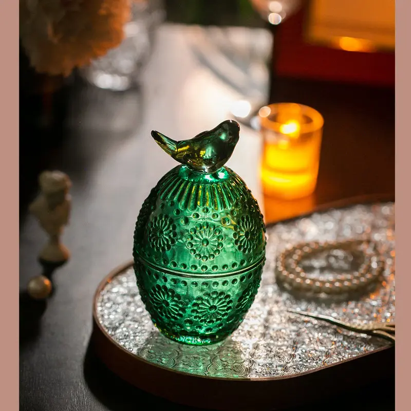 Exquisite Glass Embossed Storage Jar with Bird Design Cotton Swab Holder Jewelry Organizer Necklace Earring Sundries Ins Decor