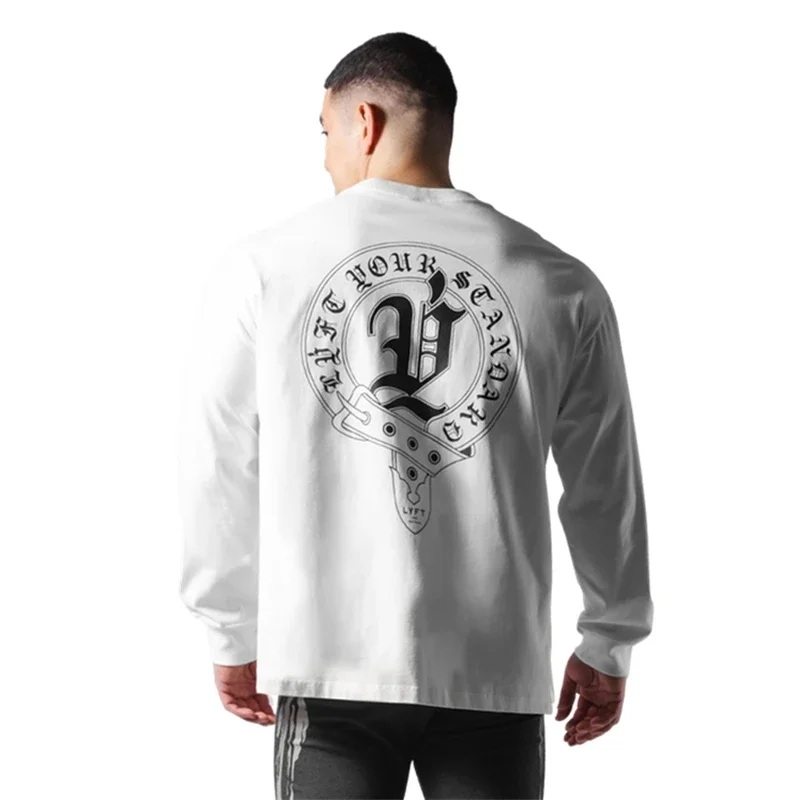 

LYFT Brand New Men Running Loose Sports T-shirt 100% Cotton Long Sleeved T-shirt Male Brand Gym Shirt Fitness Training Tees Tops