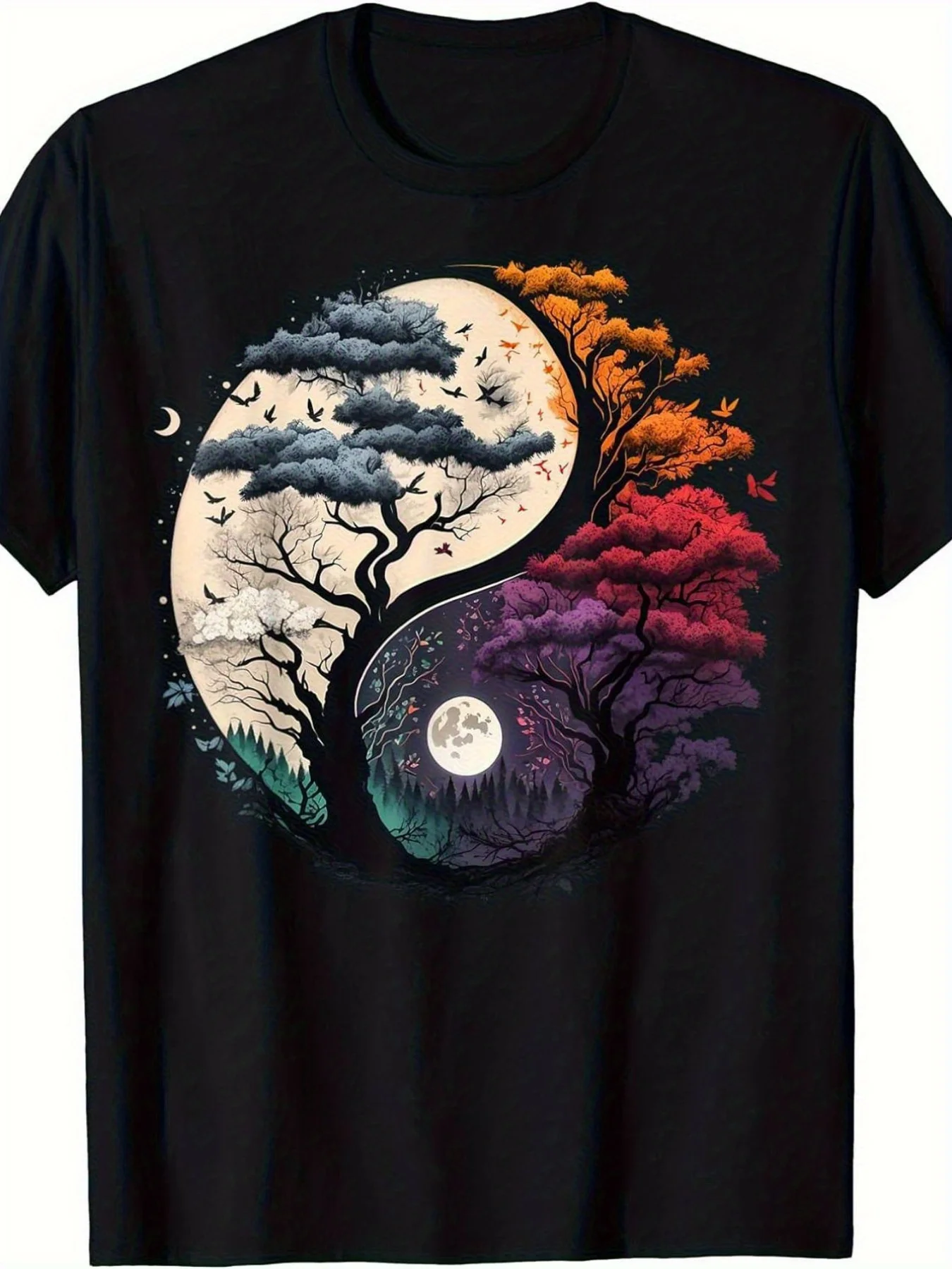 Camiseta Yin-Yang, Corte Holgado, Negra con Estampado Blanco, Diseño de Árbol Yin-Yang y Cinco Elementos (Madera, Fuego, Tierra, Metal, Agua) de Artes Marciales Chinas, Ideal para Regalos Culturales de Tai Chi, Compras Casuales, Moda Urbana, Estampado de Dibujos Animados, Material Transpirable, Camiseta de Cuello Redondo