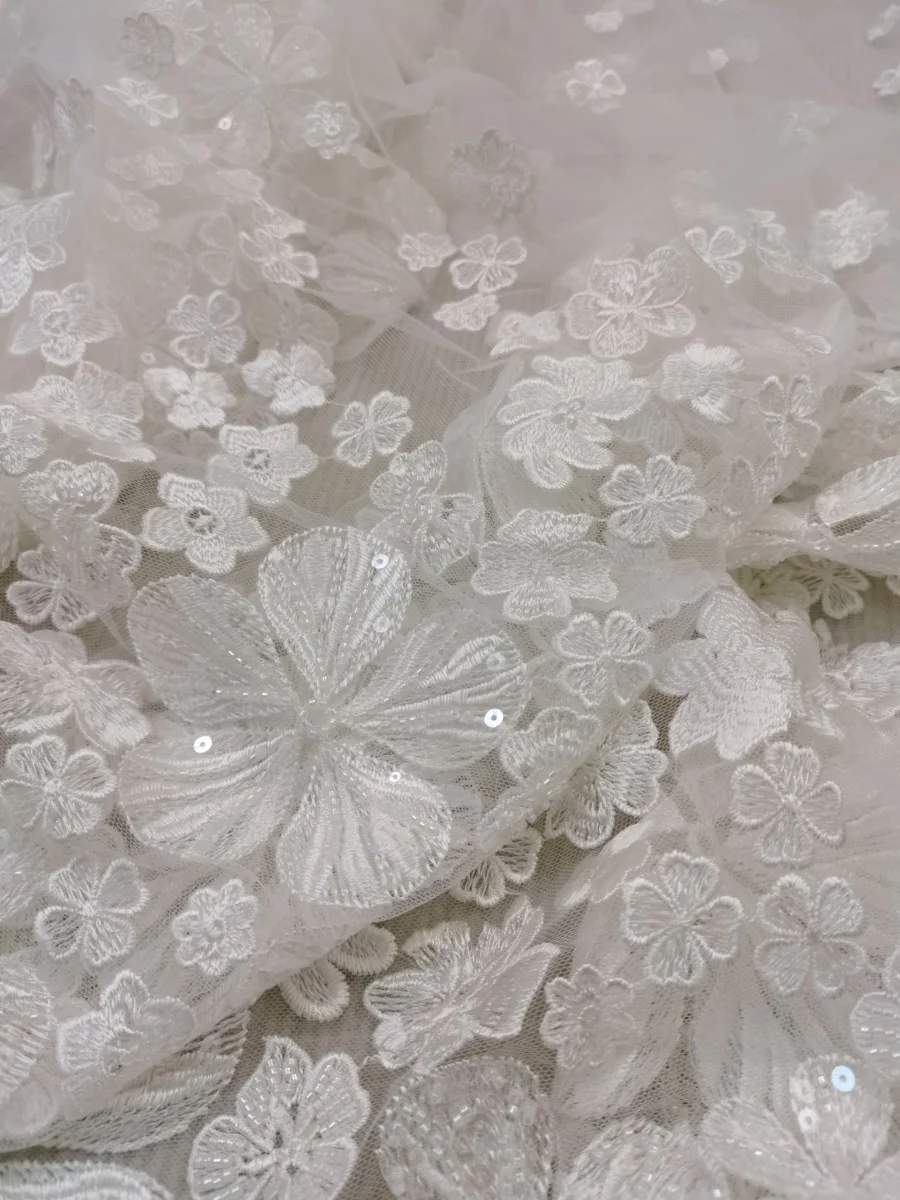 1Yard 130CM Height Embroidery Flower Mesh Fabric Luxury Bride Wedding Gown Sewing Fabric Hot New