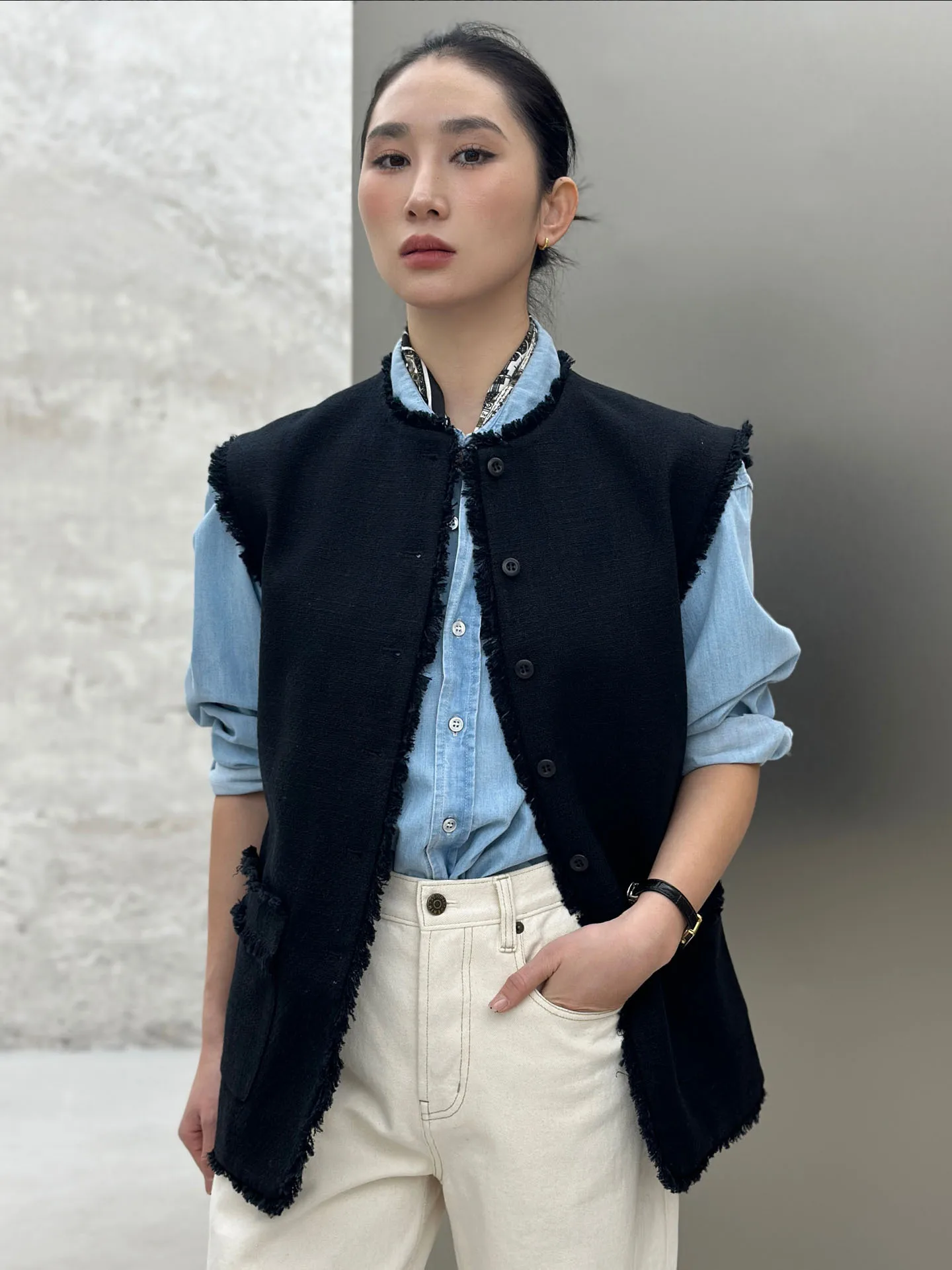 

Жилет женский Wang Zai Jia в французском стиле из смесового хлопка, средней длины, с бахромой, для многослойных образов, повседневная версия