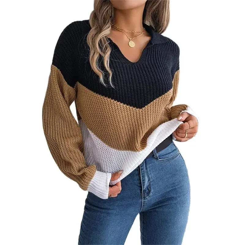 Jesienno-zimowy sweter z klapami damski zagęszczony ciepły top z dzianiny damski trójkolorowy patchworkowy latarnia swetry z długim rękawem Streetwear