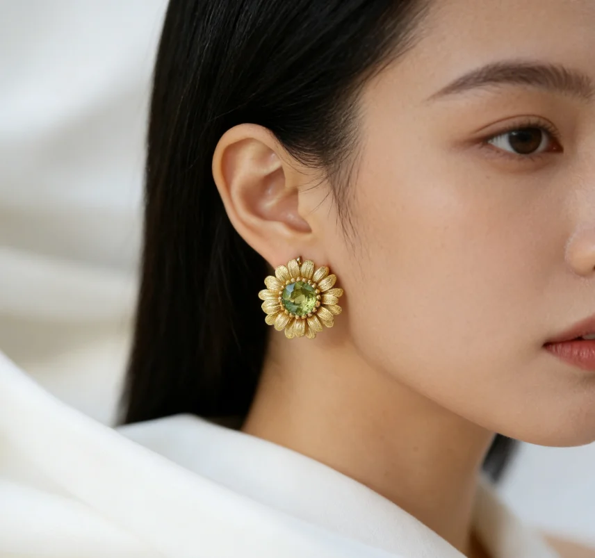 

18K Gold Plated Round Brilliant Cut Peridot Sunflower Ear Stud Real Green Gemstone Buckle Cuff Fine Earring Jewelry for Women