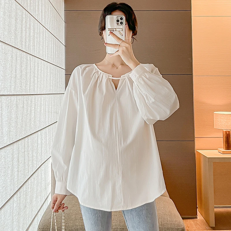 

Korean Style Autumn Maternity Shirts Long Sleeve Hollowed Out Collar Pregnant Woman Cotton Blouses Plus Size Pregnancy Clothes