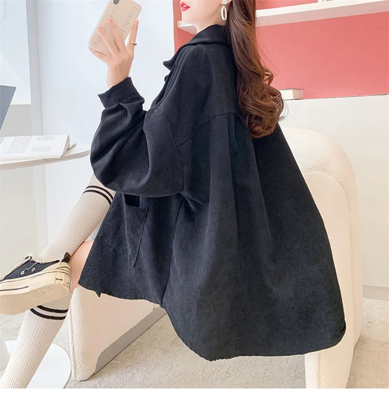 2024 New Solid Color Corduroy Shirt for Women with a Small Design Sense Loose Long sleeved Top Medium length Shirt Coat P512