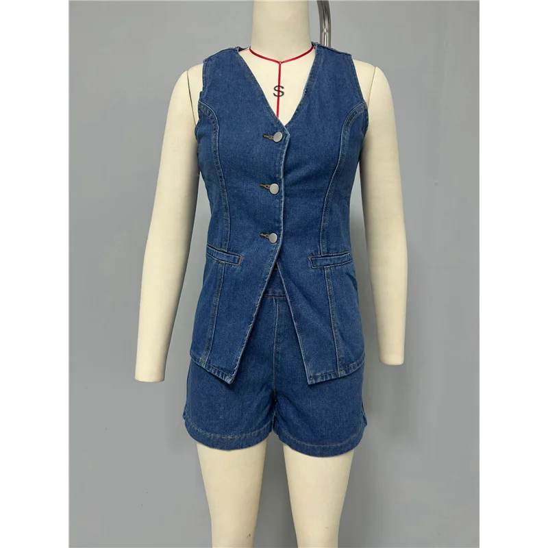 

ABRT-Women's Denim 2 Piece Set Casual Sleeveless V Neck Jean Vest Tops And High Waist Shorts Outfit Tracksuits