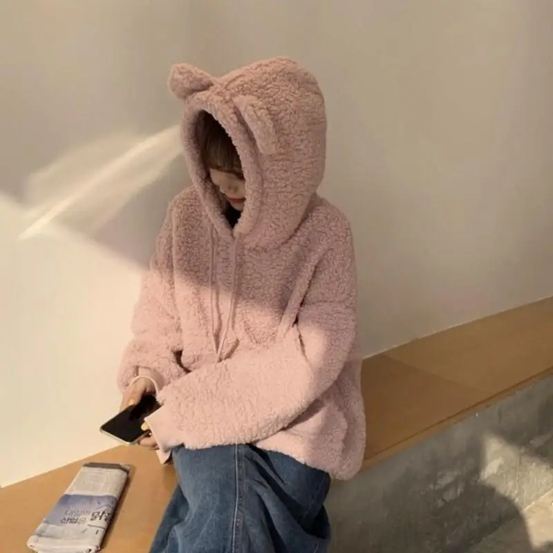 Damska bluza z kapturem, polarowa, z uszami misia, ciepła, gruba, luźny krój, modna, studencka, codzienna, na zimę i jesień.