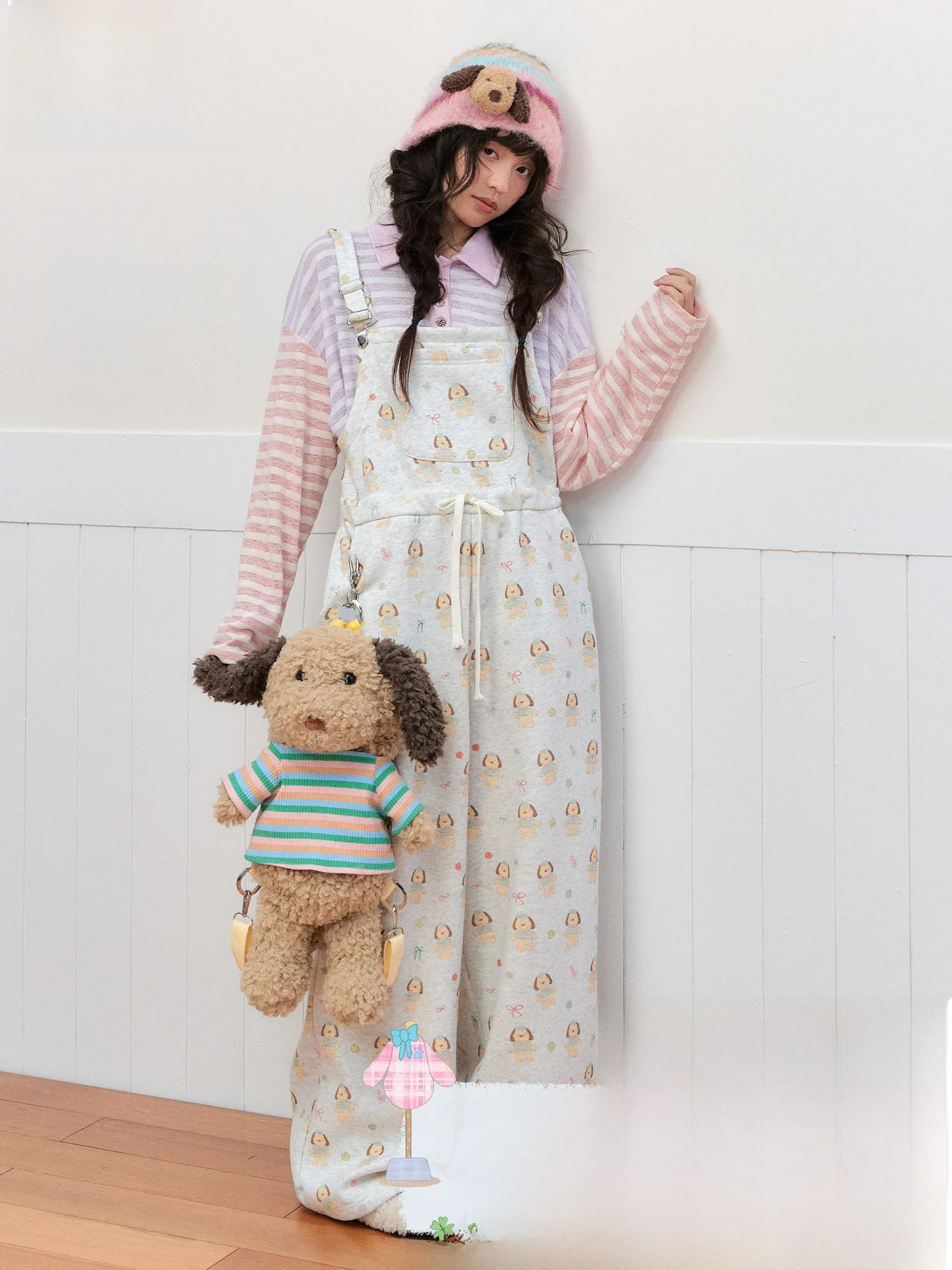 

OHTODOG Женский комбинезон с милым принтом собак, широкие брюки на шнурке, мягкие плюшевые длинные брюки с высокой талией, милый стильный комбинезон