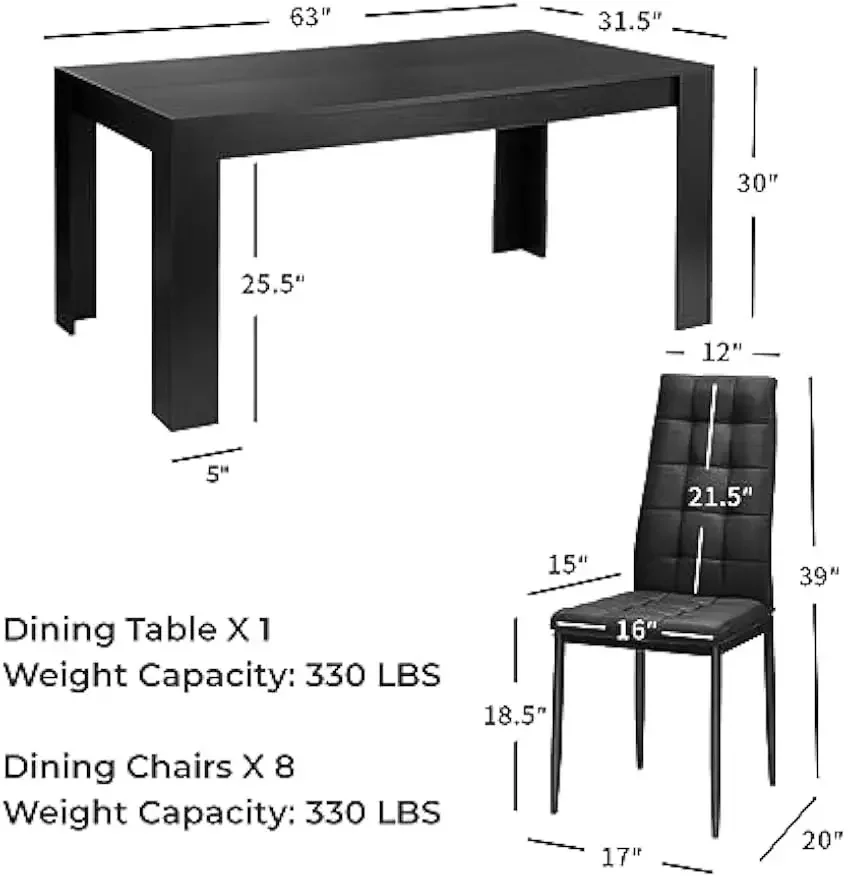 9 Pcs Dining Table Set, Wood Rectangular Table with 8 Upholstered Chairs Set, Modern Kitchen Table Set, Black Dining Room