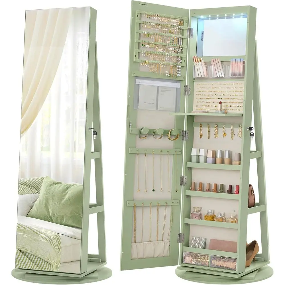 6 LEDs Lockable Mirror lry Cabinet, 360° Swivel lry Organizer Armoire Standing, elull-Length Mirror, 3 Storage Shelves, Laurel G