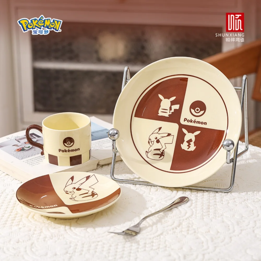 SHUNXIANG Pokémon Keramik-Geschirrset Niedliches Cartoon-Nachmittagstee-Tassen- & Untertassen-Set und Teller Mikrowellengeeignetes Essgeschirr