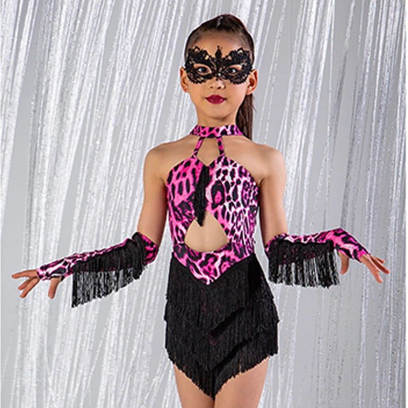 New Girls Latin Dance Clothes Pink Leopard Fringe Dress Performance Suit Kids Cha Cha Rumba Samba Dance Dress Costume DNV17619