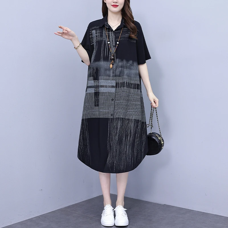 

#7912 Black Printed Shirt Dress Women Short Sleeve Loose Vintage A-line Dress Female Turn-down Collar Buttons Front Midi Dresses