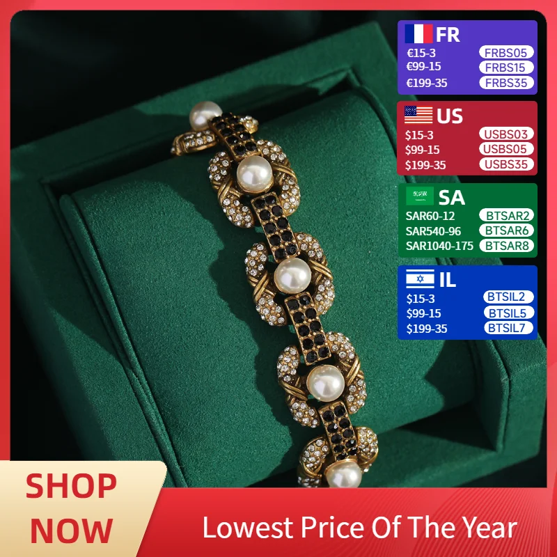 Women Pearl Vintage Jewelry Luxury French Geometric Designer Black Rhinestones Inlaid Bracelets Full Round Spring Buckle 2024