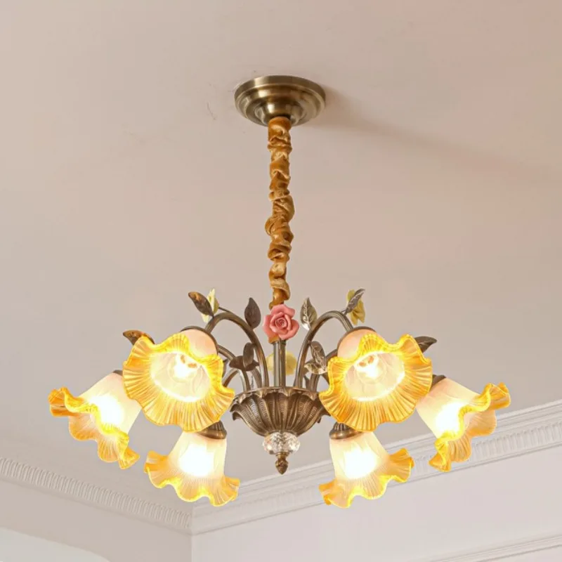 

Copper Flower Chandelier Retro Romantic Luxury Ceiling Lamp Living Room Restaurant Tricolor Lighting Lamps Room Decoration Light