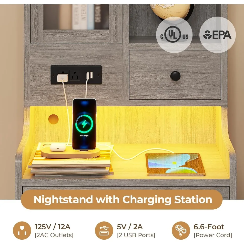 2-piece bedside table set with charging station,49.2-inch LED bedroom bedside table,high bedside table with bookshelfand drawers