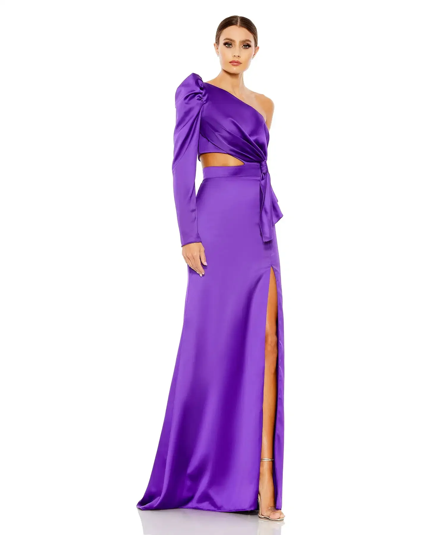 Robe de Soirée de Forme Sirène Asymétrique en Satin, Tenue à Manches sulf, Découpe à la Taille, Fente Haute