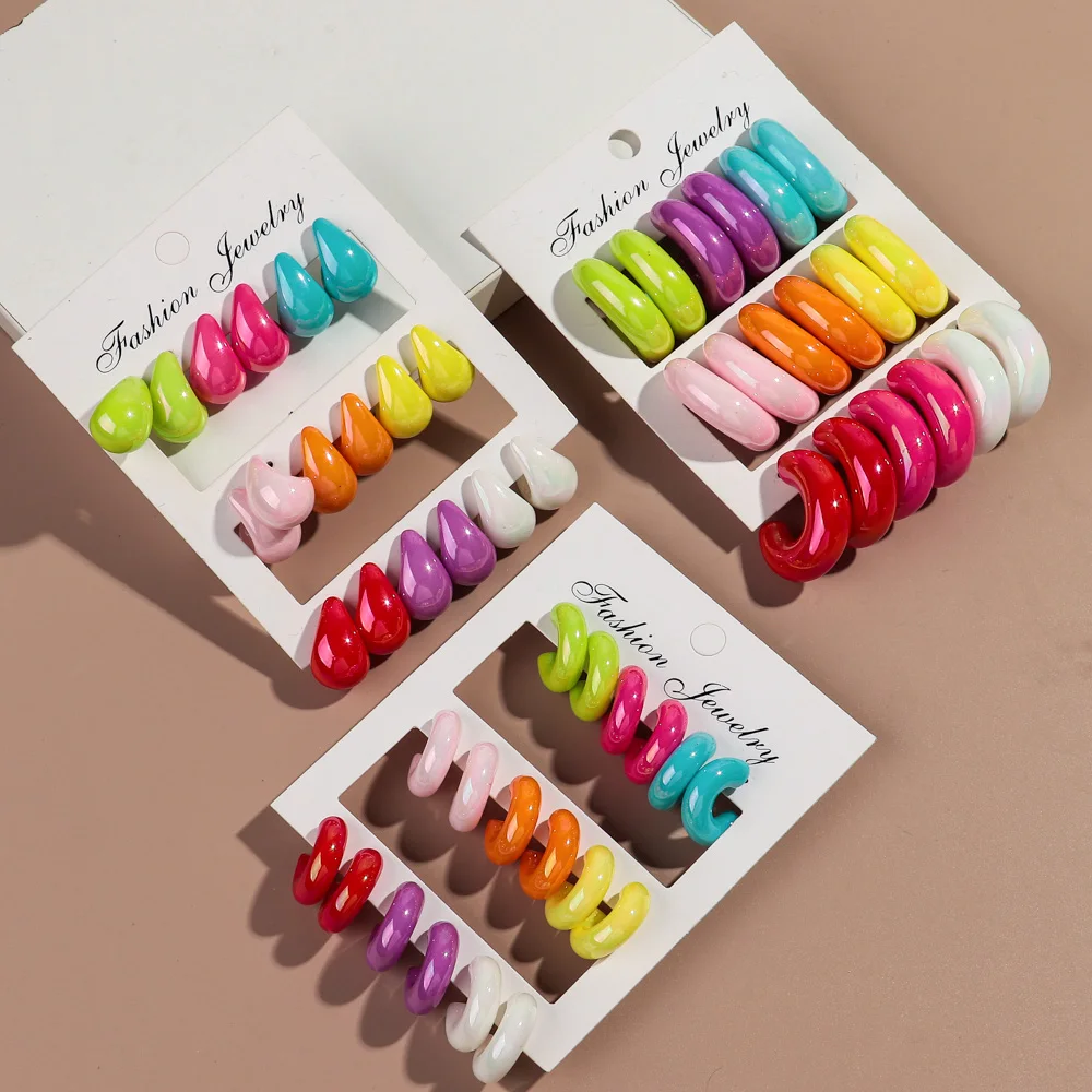 9pair/set Candy Color Acrylic Waterdrop Circle Earring Hoops for Women Statement Irregular C-Shaped Earrings New Jewelry Gift