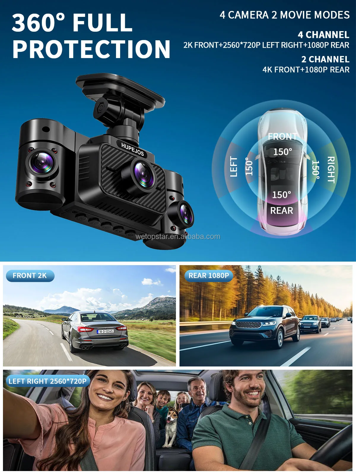 4K Dual Front And Rear Dash Cam With Built-in GPS Wi-Fi 4-Channel Design Supporting Loop Recording Radar Parking Monitor