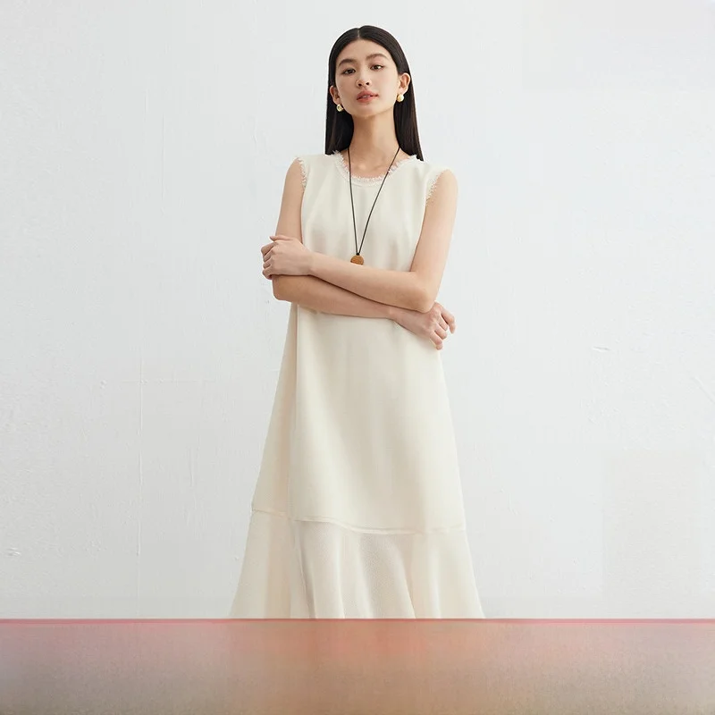 

Летнее платье Designice 2025: Элегантное дрифтинг-платье-жилет с круглым вырезом, миди, шикарное, бежевое, с завышенной талией, А-силуэт