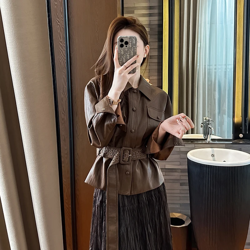 Autumn Women Faux Pu Leather Short Jacket Motorcycle Biker Female Zipper Lapel Loose Coat Elegant Luxury Leather Shirt Outwear