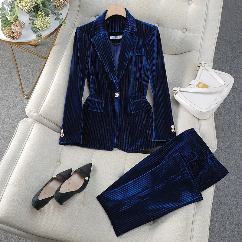 Lnsozkdg Solid Spring Autumn Women Business Pant Suits Formal Elegant Velvet Double Breasted Blazer + High Waist Slim Trousers