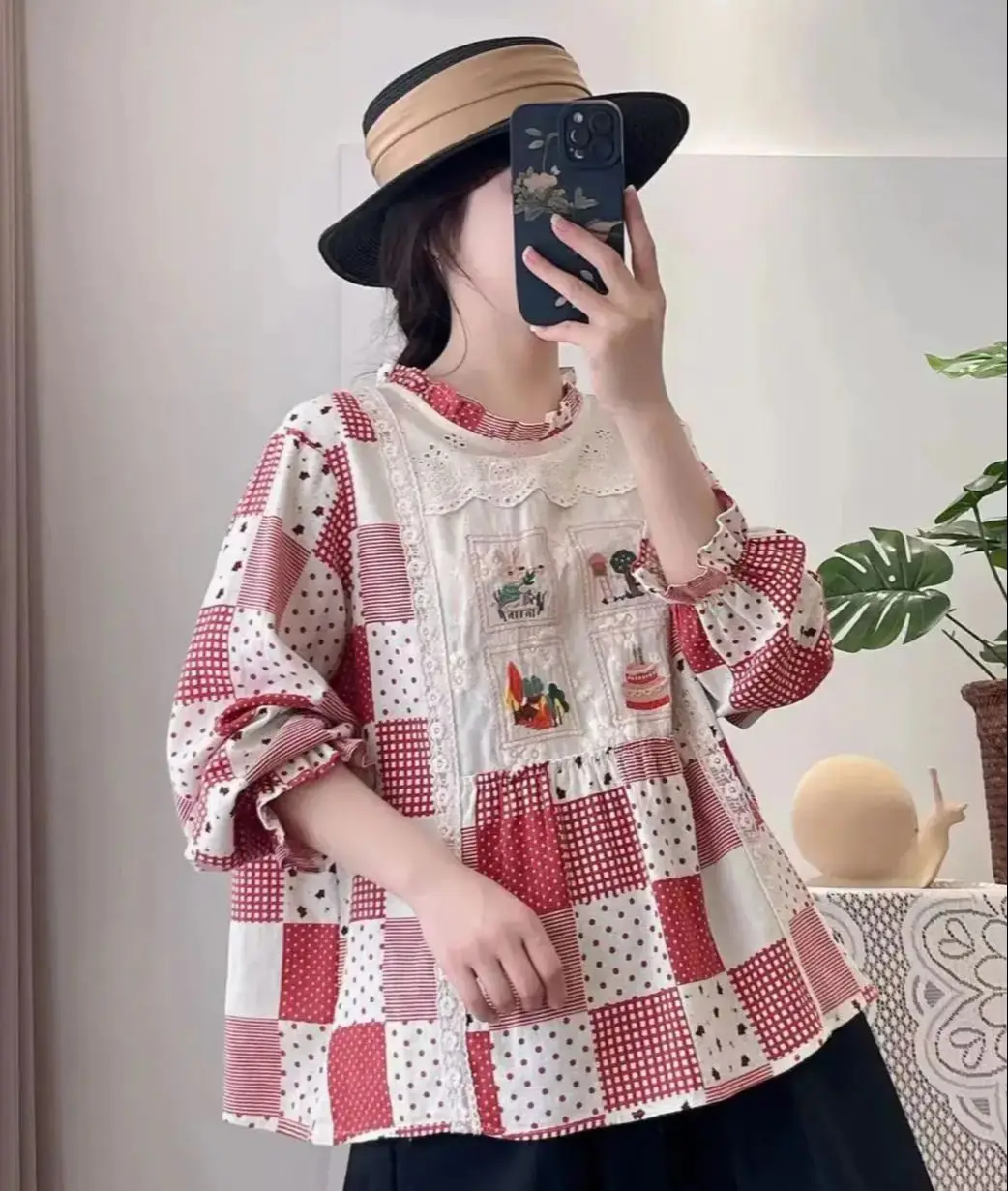 Mori menina vintage polka dot print retalhos blusa roupas femininas japão moda rendas retalhos desenhos animados bordar camisas