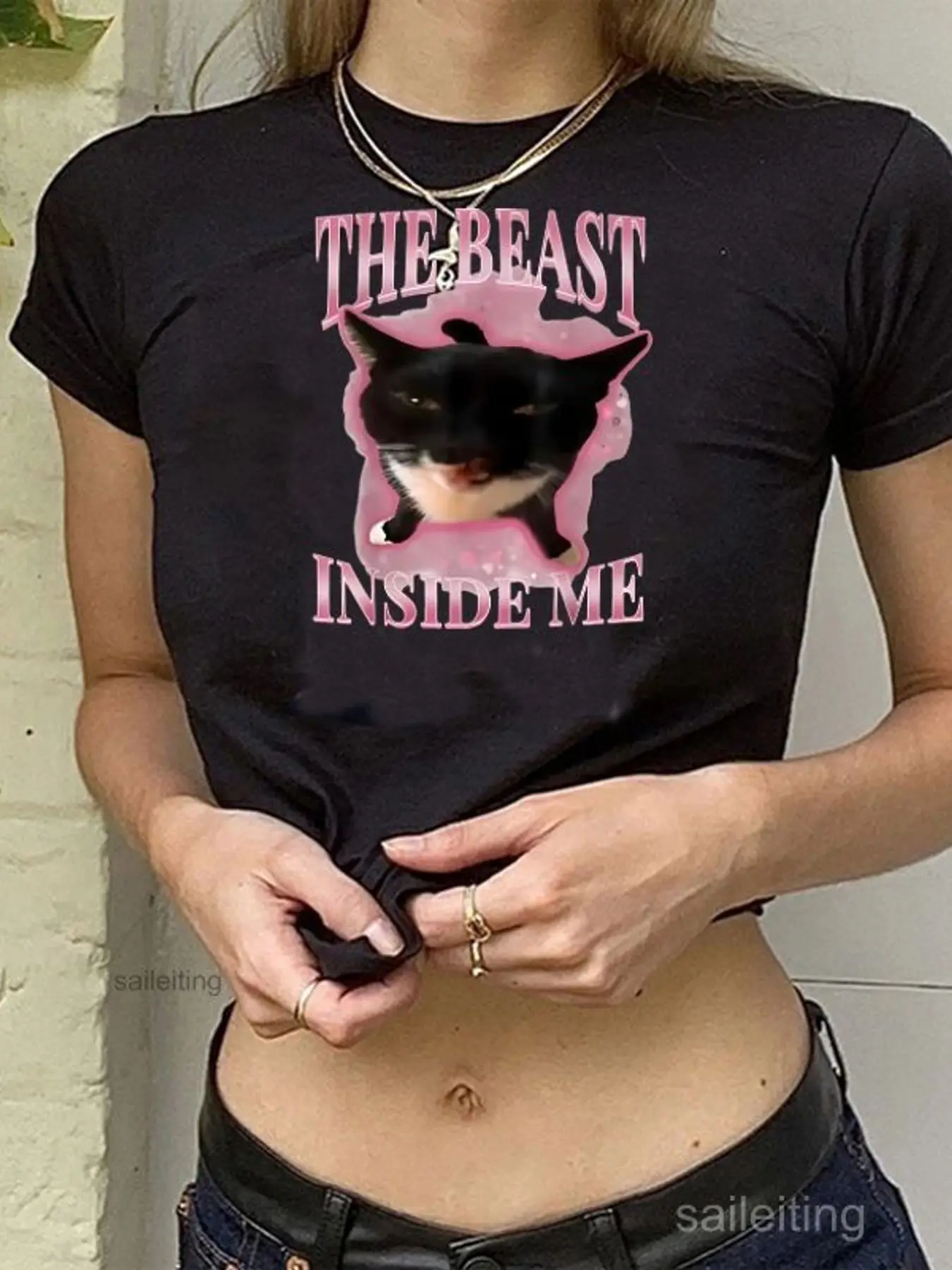 The Beast Inside Me Cat Graphic Tee - Cute White Crop Top with Pink Text, Soft Cotton Casual Summer Shirt for Women, Perfect
