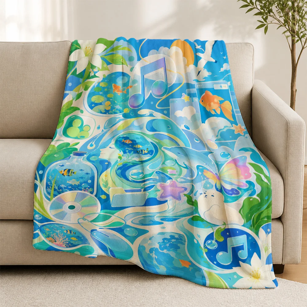 Vibrant Ocean Underwater Throw Blanket for Sofa Couch Decor Kids Cute Marine Life Music Note Tropical Beach Picnic Throw Gift Po
