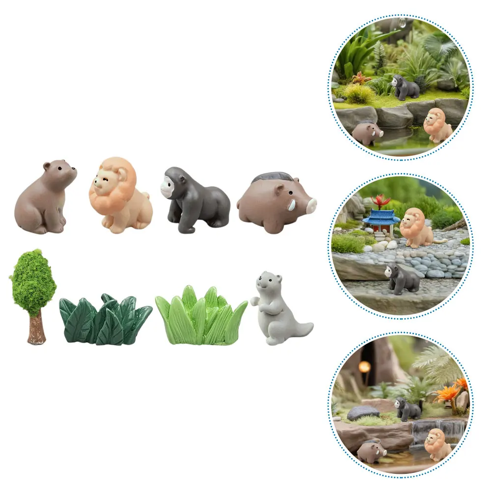 

8 Pcs Mini Decoration Set Small Animal Toys Miniature Garden Decorations Grass Bonsai Figurines Resin Ornaments Trees Animals