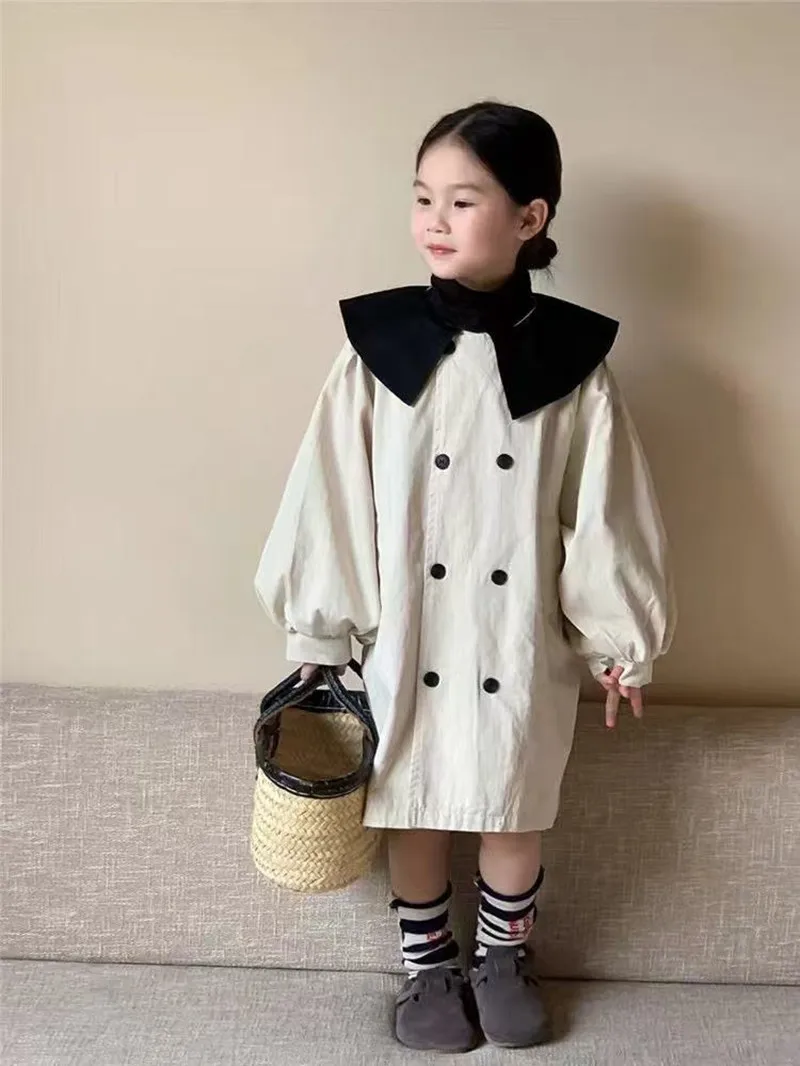 

Korean Trench Coat Autumn Girls Collision Lapel Trench Coat Long Section Double-breasted Bubble Long-sleeved Versatile