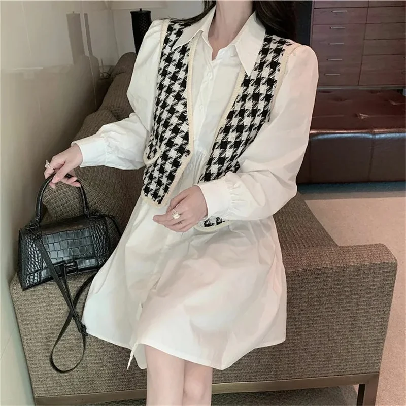 

Xiaoxiangfeng Suit Skirt 2023 Spring Fashion Temperament Age-reducing Long-Sleeved Shirt Bottoming Slim Dress+Wearing Plaid Vest