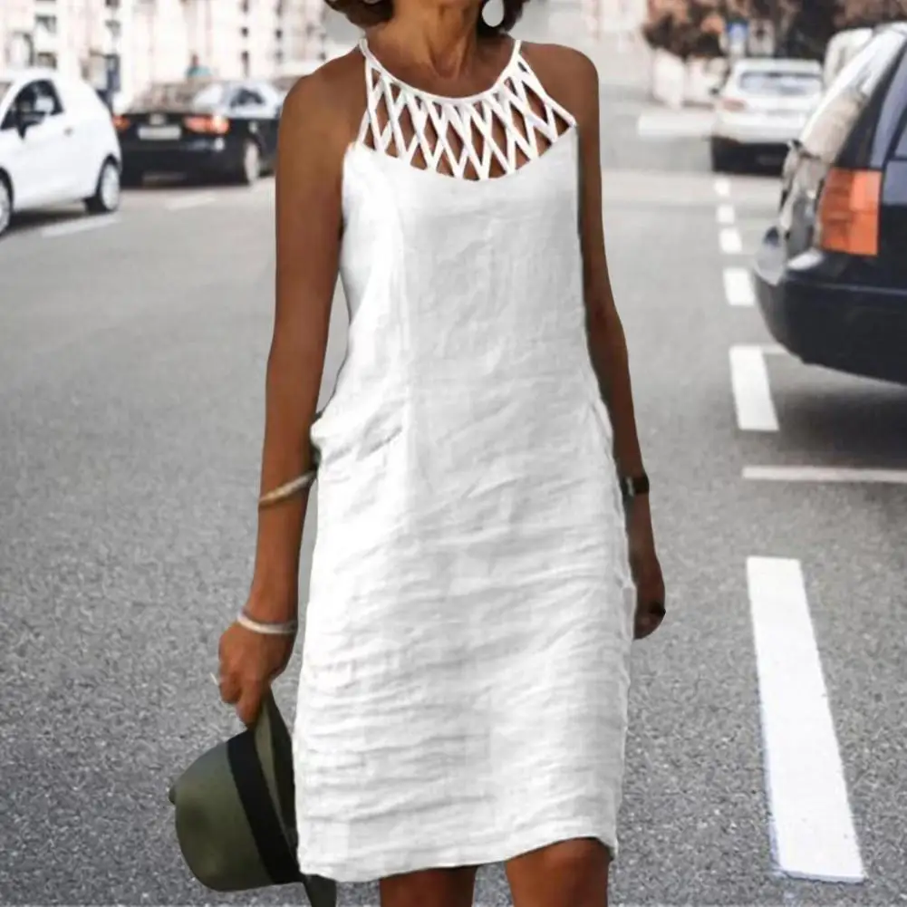 Sukienka vintage Bawełniana lniana odzież damska Letnia wydrążona Casualowa szykowna tunika Moda Oversize Midi Białe sukienki Vestidos