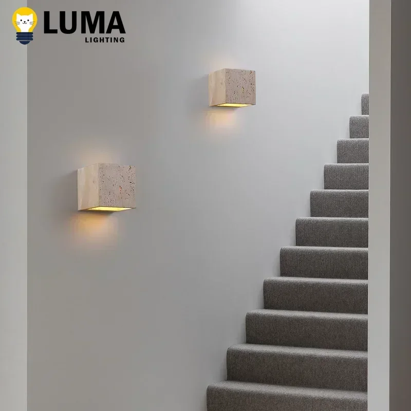 Aplique de pared LED de travertino amarillo, lámpara de piedra cuadrada impermeable para exteriores, para patio, pasillo, escaleras, baño, decoración de jardín