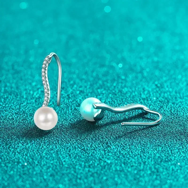 Elegant 14 point Moissanite Diamond Pt950 Earring, 6mm Freshwater Pearl Wavy Row Platinum Earrings for women Fine Jewelry Gifts
