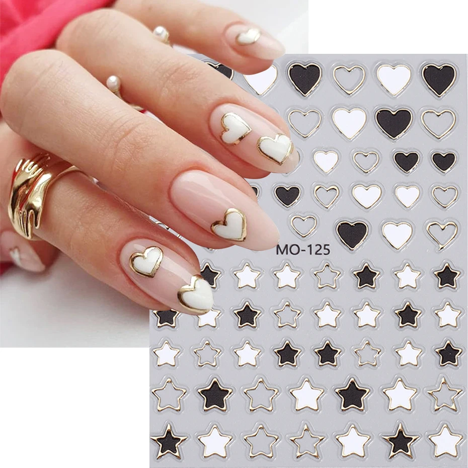 Metallic Heart Nail Sticker 5D Embossed Black White Love Star Butterfly Cute Dog Design Holographic Engraved Nail Decoration Tip