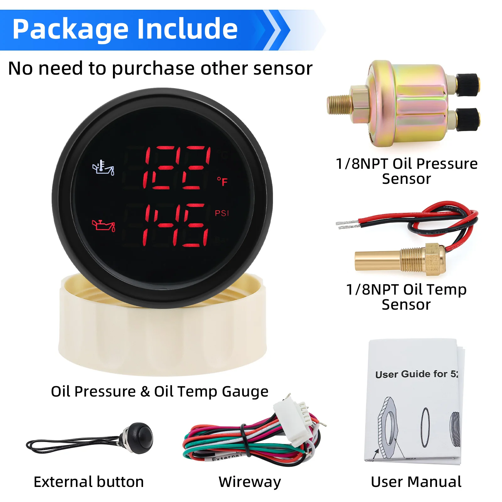 12V 24V Boat Auto Car 2 IN 1 Gauge Oil Temperature Meter 50~150 Celsius+Oil Pressure Gauge 0-10 Bar with Sensor Red backlight