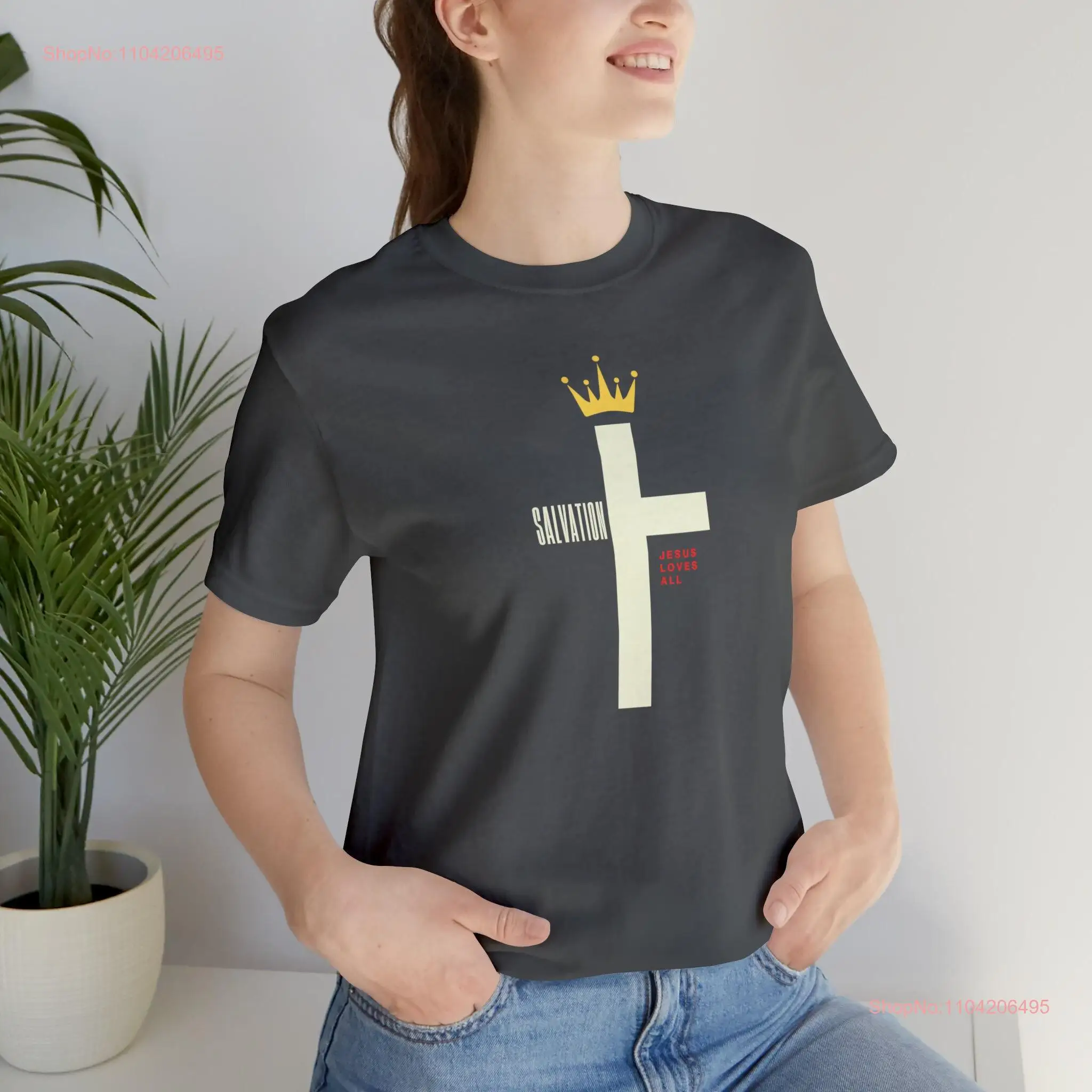 SALVATION Jesus Loves All Jersey  T Shirt Christ Amen hallelujah church pray heaven kindness long or short sleeves