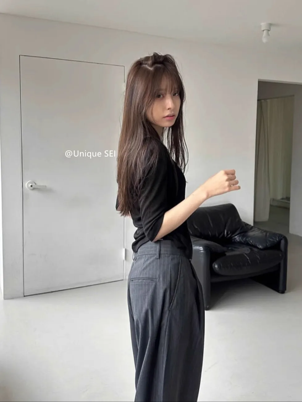 Comfortable Unique SEI Korean Style Summer T-Shirt Overhead Five-Quarter Sleeve Casual Striped Top Women's High Waist Pants