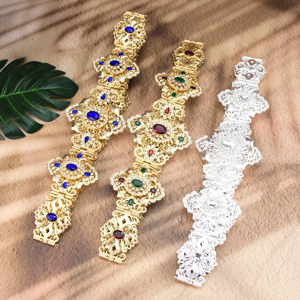 Gorgeous Ethnic Style Moroccan Kaftan Belt Inlaid Colorful Rhinestones Hollowed Flower Shaped Arabic Robe Large Size Waist Chain