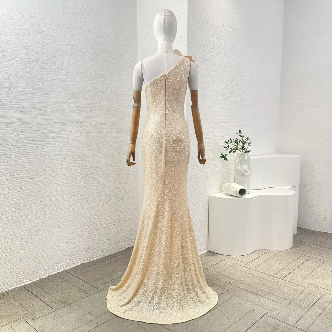 2024 New Good Quality Light Champagne Color Cut Out Sleeveless Appliqued Sequined Diamonds Women Maxi Dress for Party