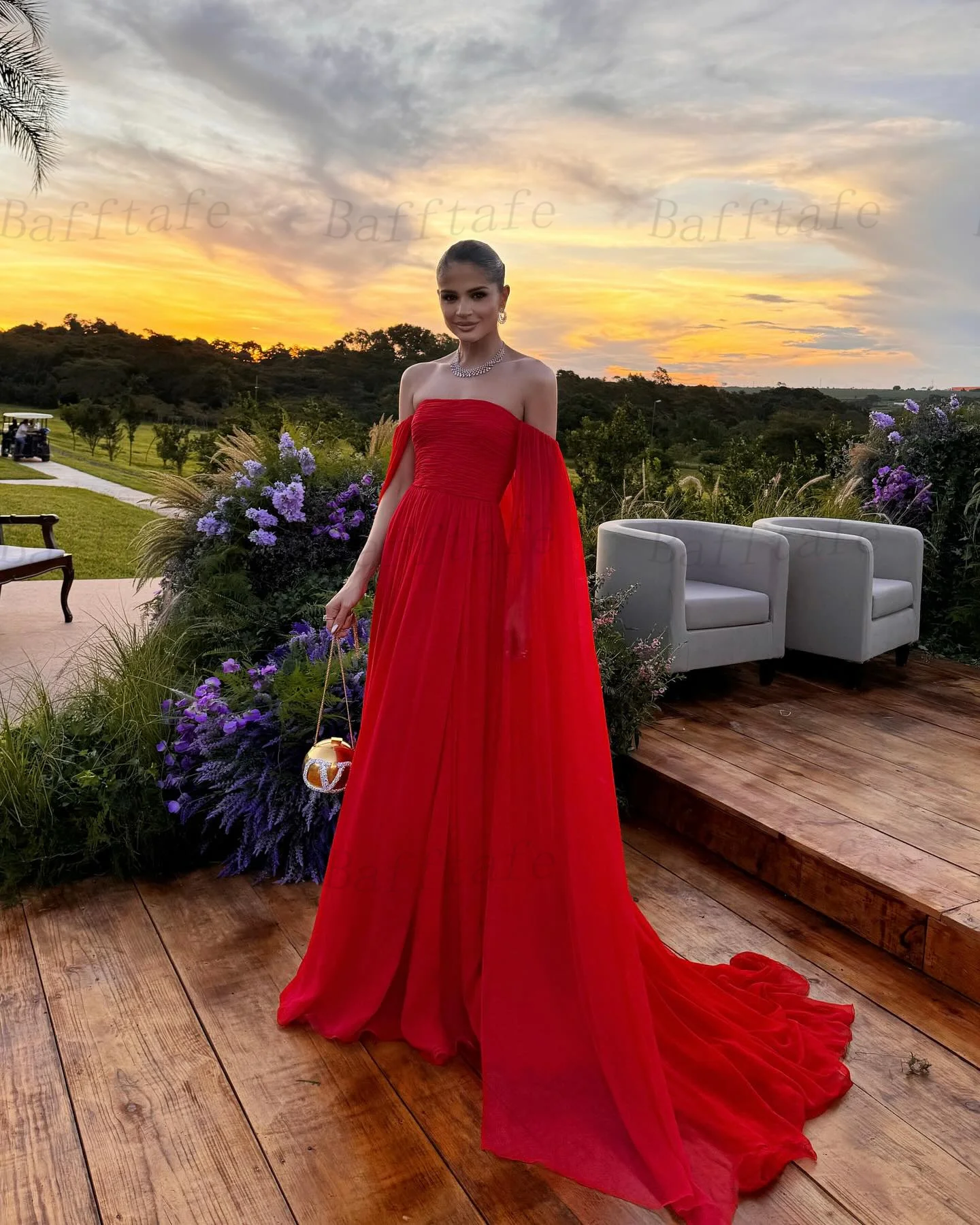 Bafftafe Red Chiffon Formal Prom Dresses Off Shoulder Long Sleeves Special Occasion Event Party Gowns Evening Dress Customized