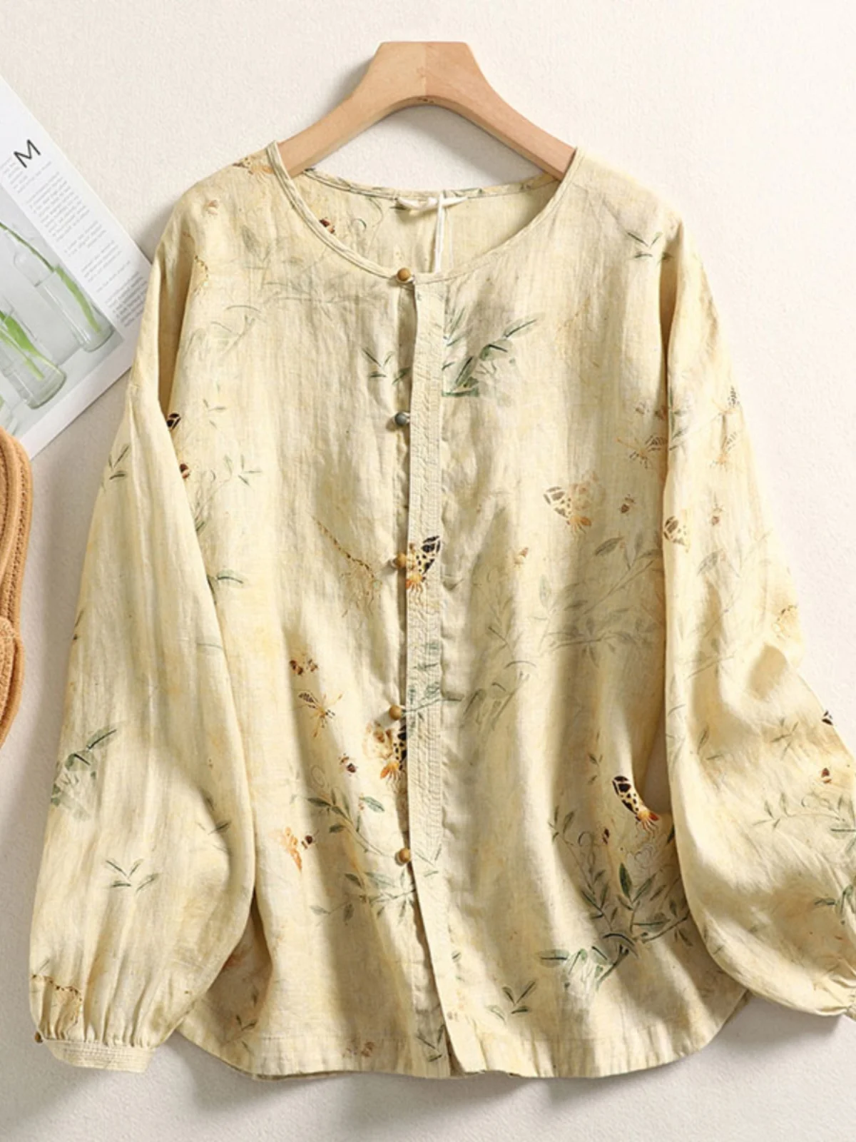Retro Floral Print Cotton Linen irt Large Size Women's Faion round Ne Button up Long Sve Linen Casual Open Cardigan Top