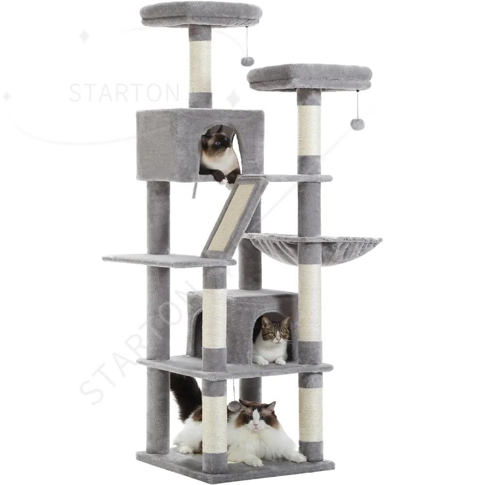 Large Cat Tree for Indoor Cats, Multi-Level Plush Cat Condo with 6 Scratching Posts