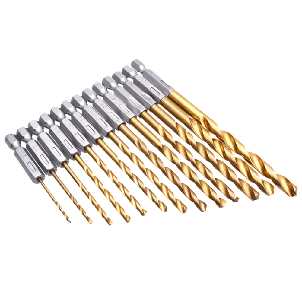 13 PCS 1/4inch Hex Drill Bit Set Titanium Coated HSS Twist Impact Drill Bit Set 1.5-6.5mm for Wood Plastic Aluminum Alloy Metal