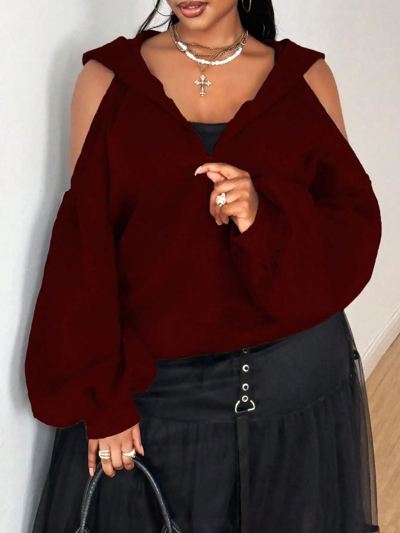 

Женский кардиган с капюшоном на молнии, с открытыми плечами и длинными рукавами-фонариками, бордовый, повседневный и элегантный, для вечеринок и праздников