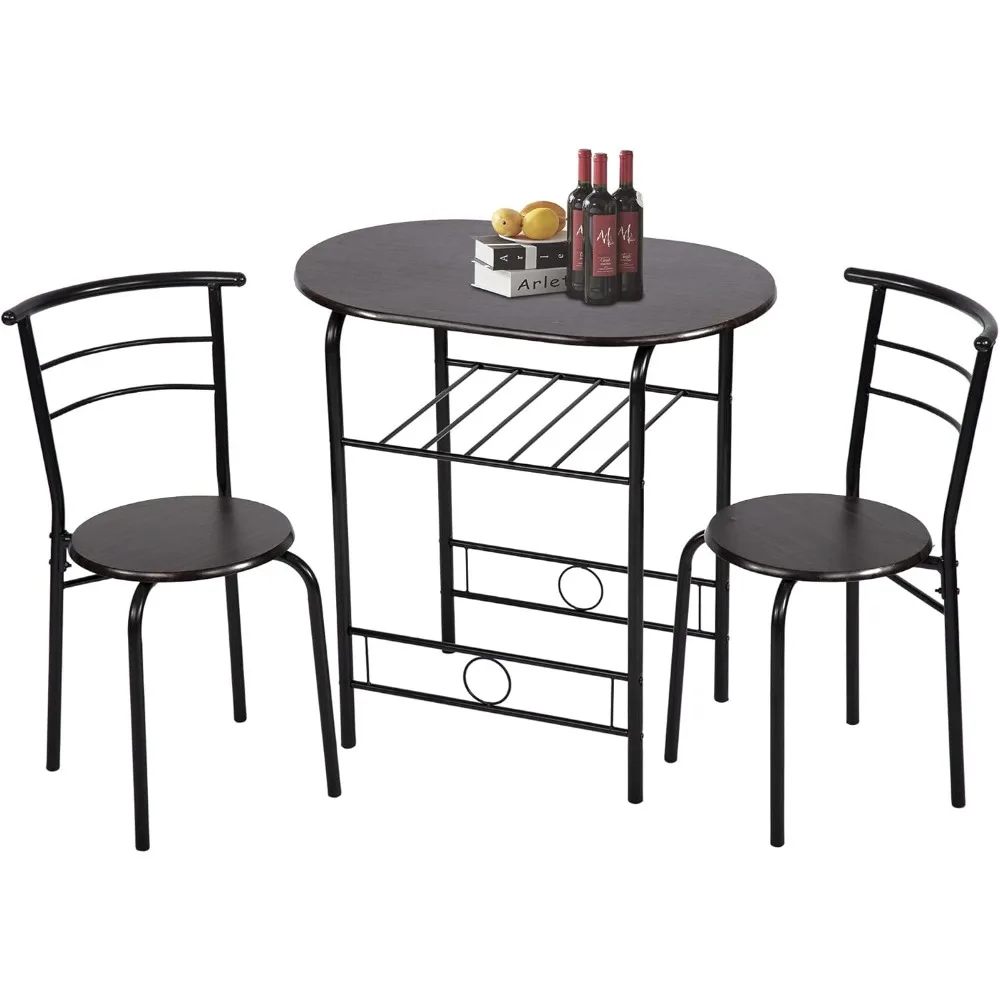 3-Piece Round Table and Chair Set for Kitchen Dining Room Bar Breakfast,Compact Space Metal Frame,Wine Rack